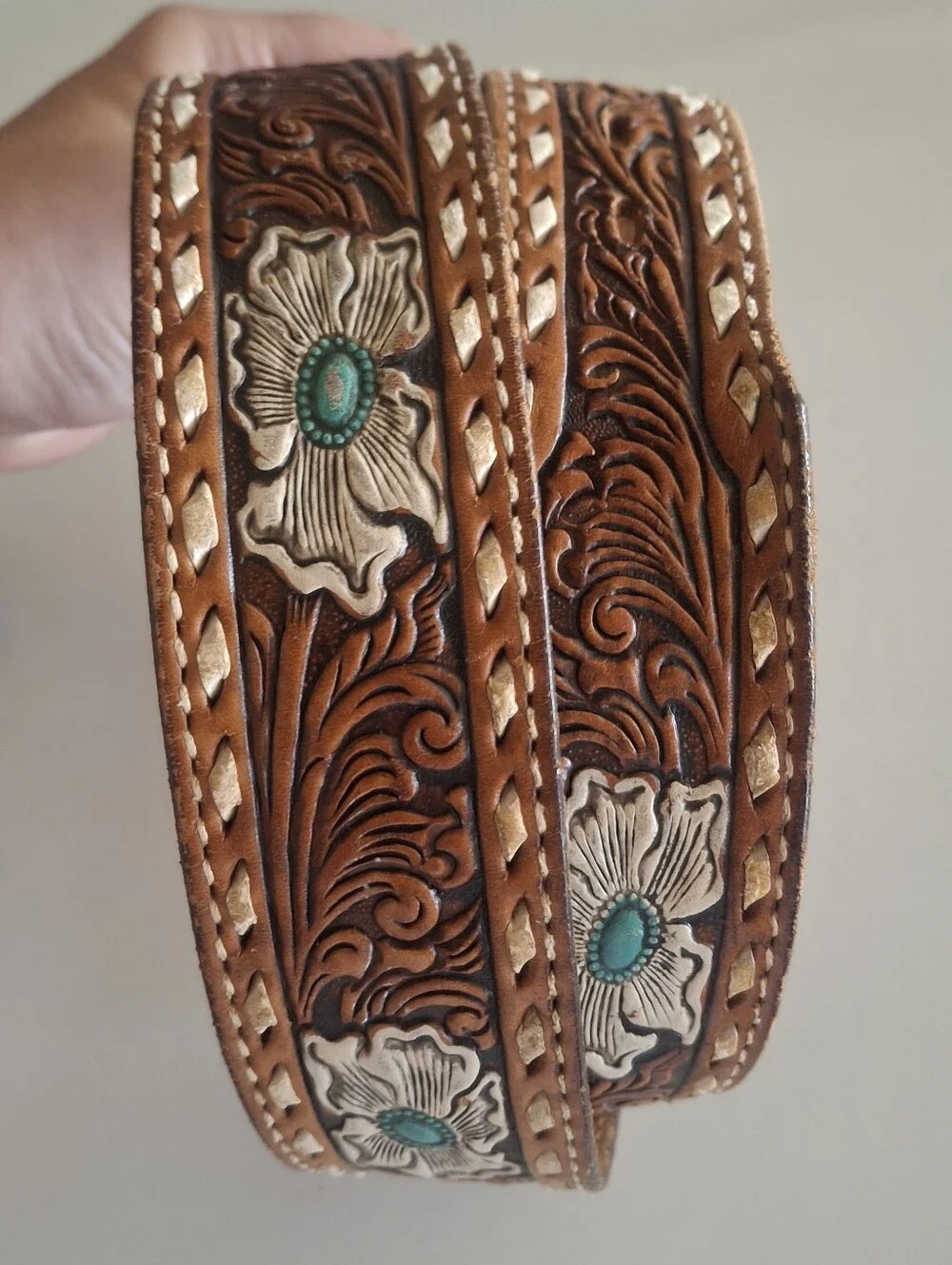 Tooled Leather Floral Belt with Turquoise Accents